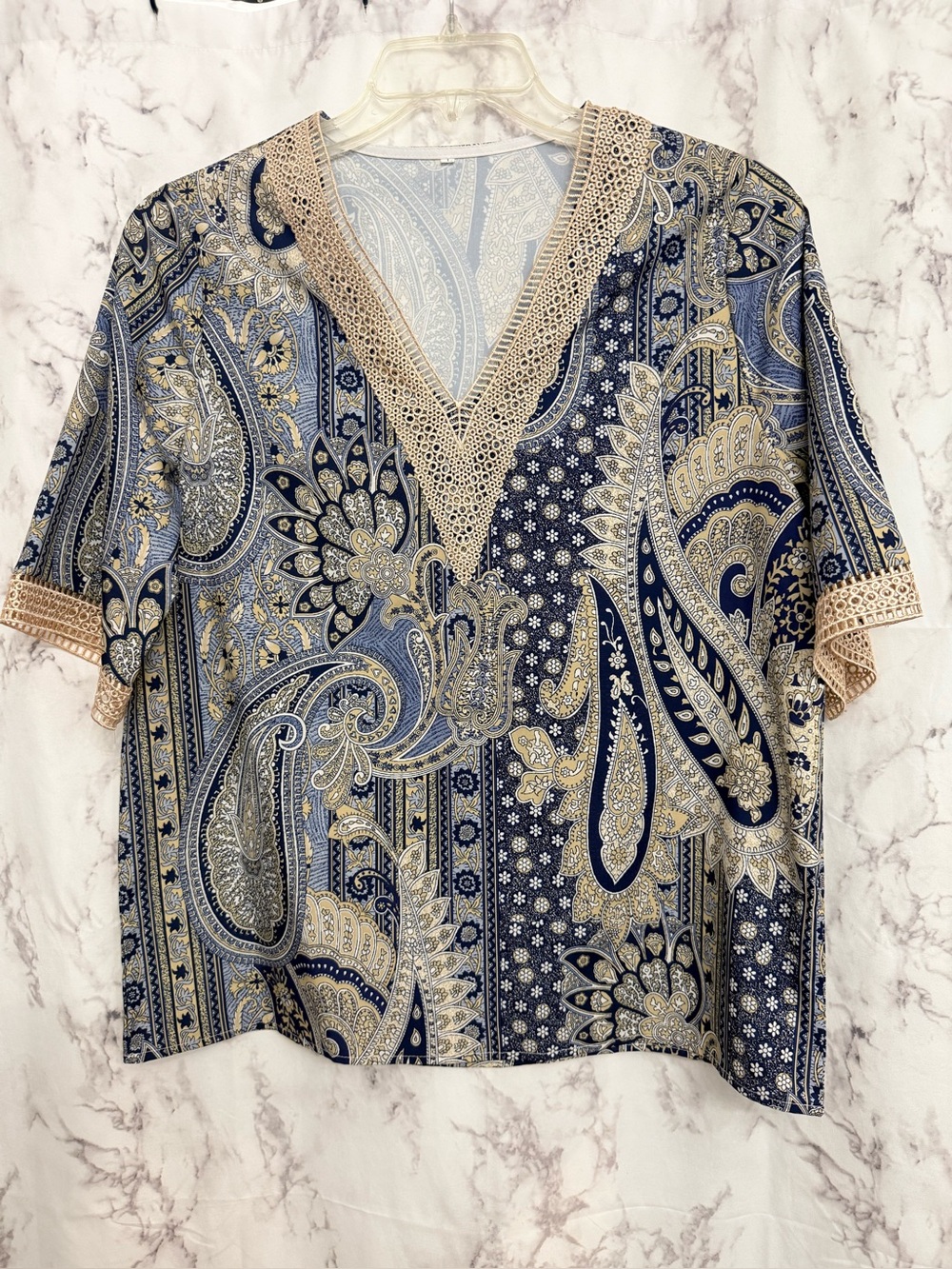 Paisley V-Neck Lace-Trim Tunic Top in Navy and Beige